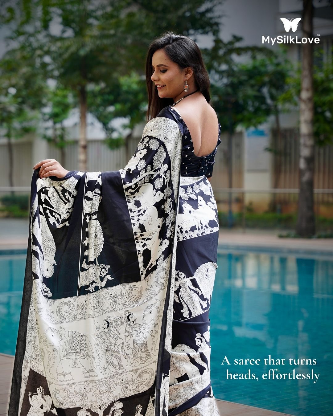 Buy MySilkLove Asher Black and White Patola Printed Satin Crepe Saree Online