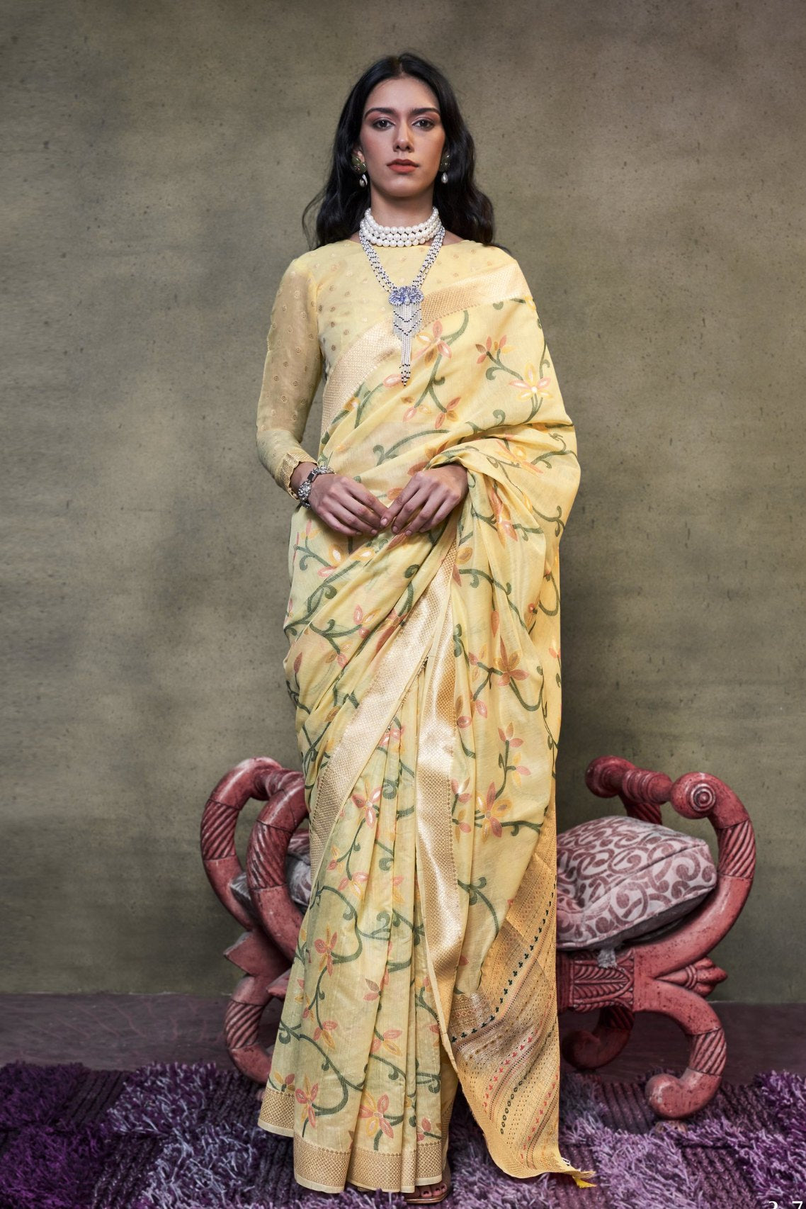 Buy MySilkLove Sapling Yellow Handloom Jamdani Saree Online