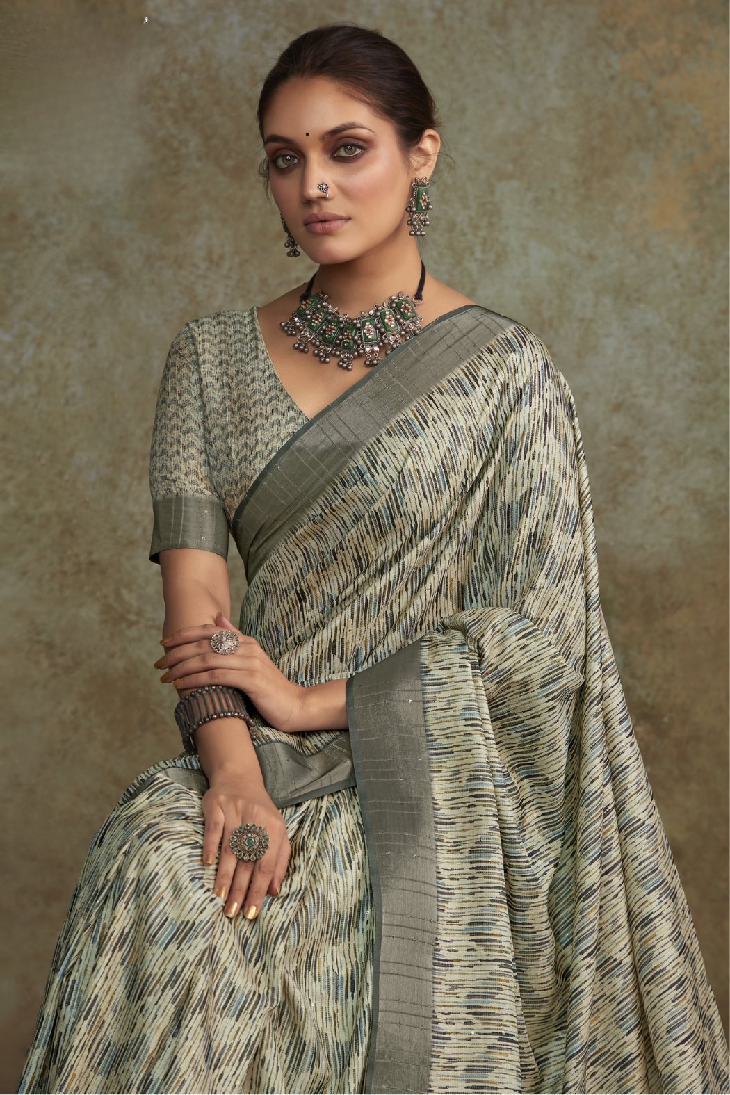 Buy MySilkLove Pablo Green Banarasi Digital Printed Saree Online