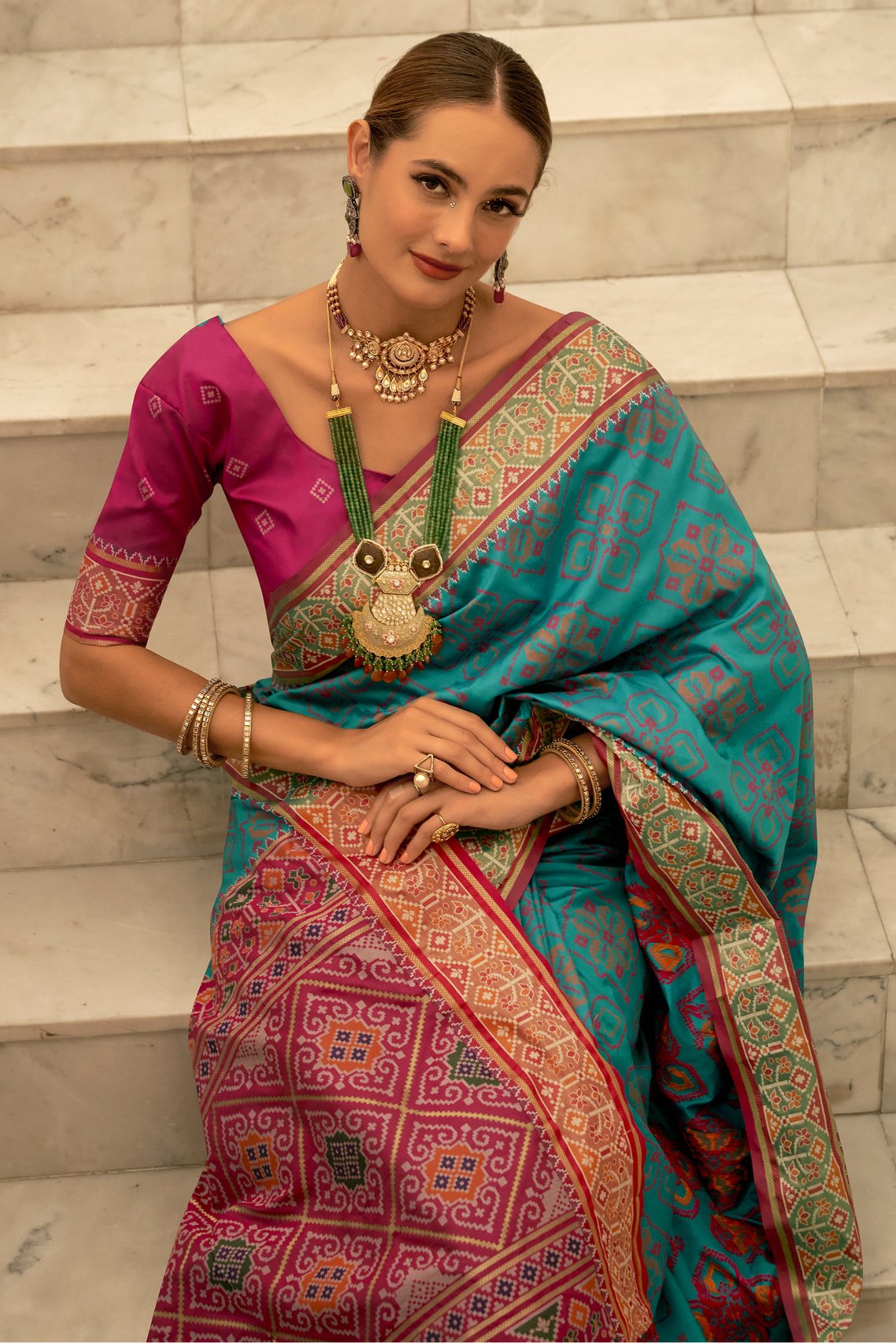 Buy MySilkLove Malachite Blue Woven Patola Silk Saree Online