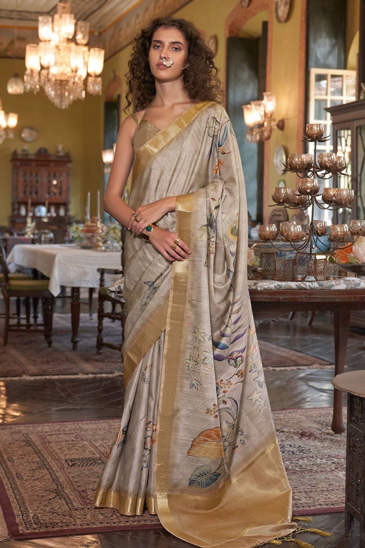 Buy MySilkLove Bison Hide Brown and Yellow Banarasi Floral Printed Saree Online