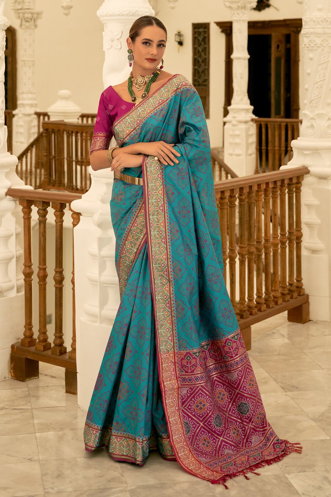 Buy MySilkLove Malachite Blue Woven Patola Silk Saree Online