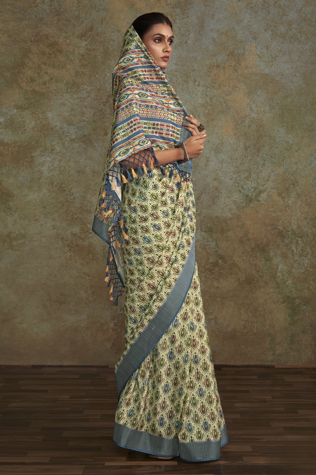 Buy MySilkLove Bitter Green Banarasi Digital Printed Saree Online