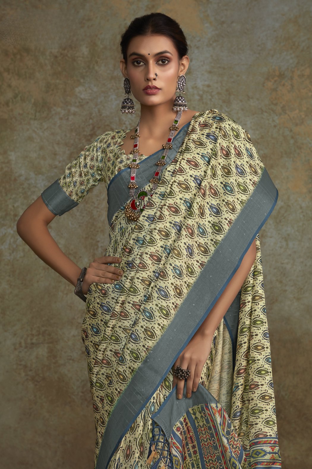 Buy MySilkLove Bitter Green Banarasi Digital Printed Saree Online