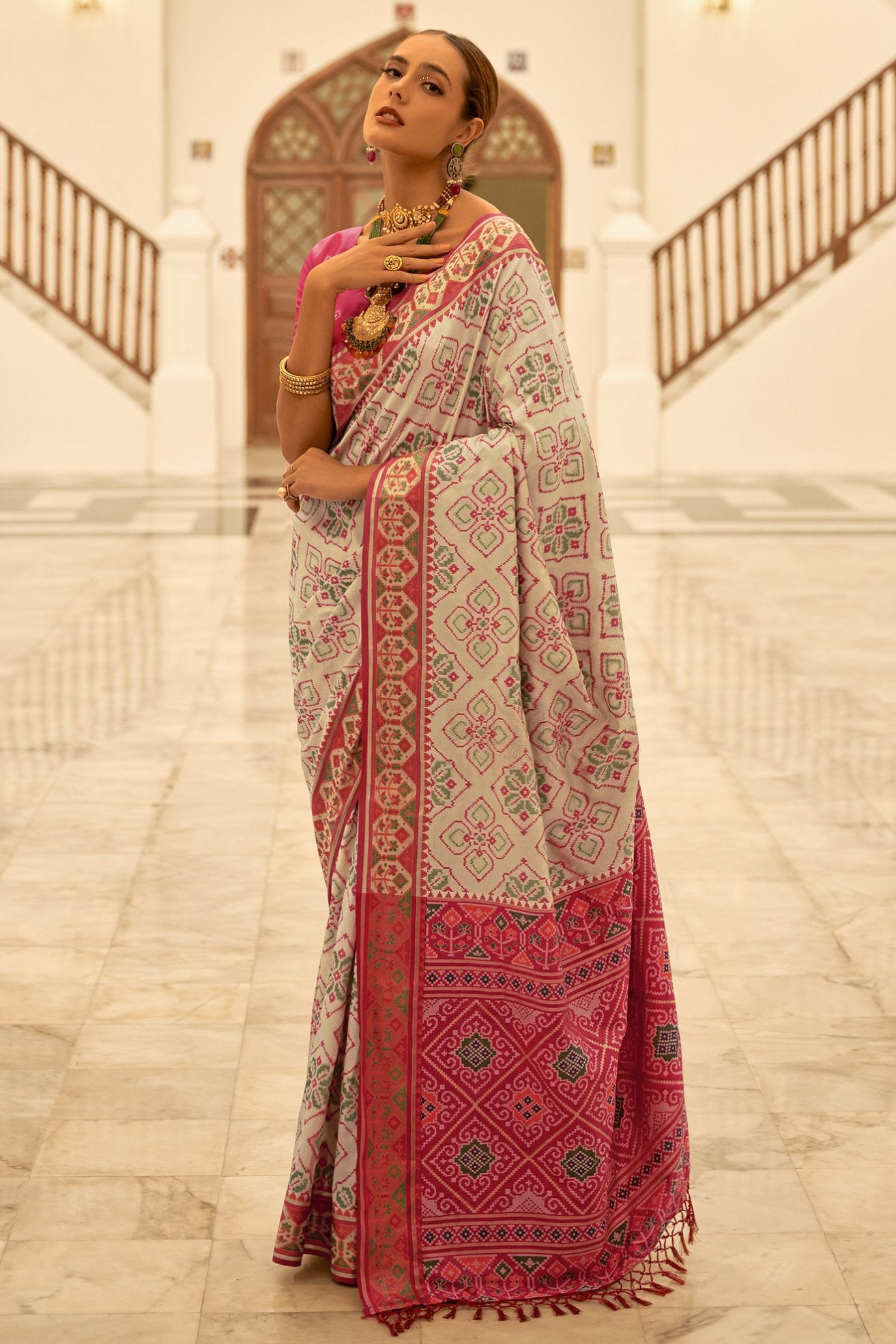 Buy MySilkLove Calico Cream and Pink Woven Patola Silk Saree Online