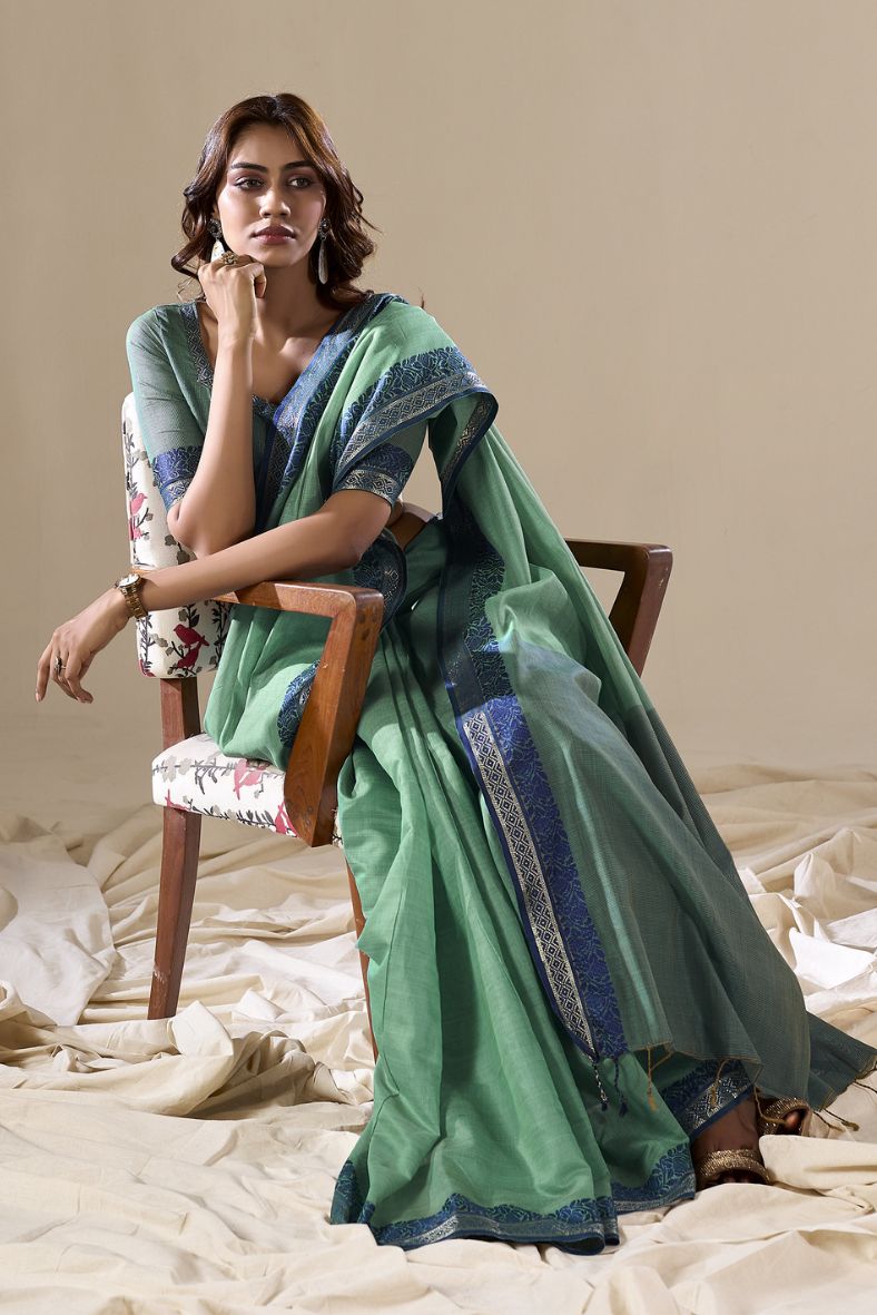 Buy MySilkLove Viridian Green Handloom Cotton Saree Online