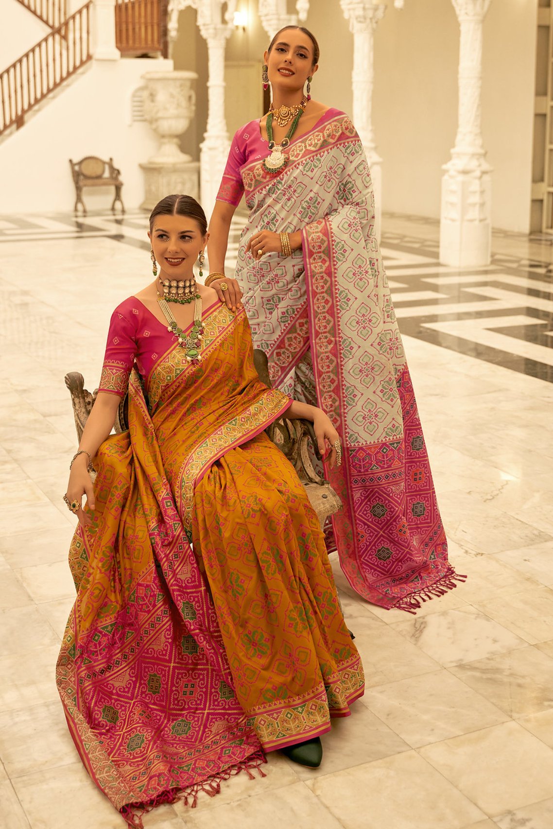 Buy MySilkLove Calico Cream and Pink Woven Patola Silk Saree Online