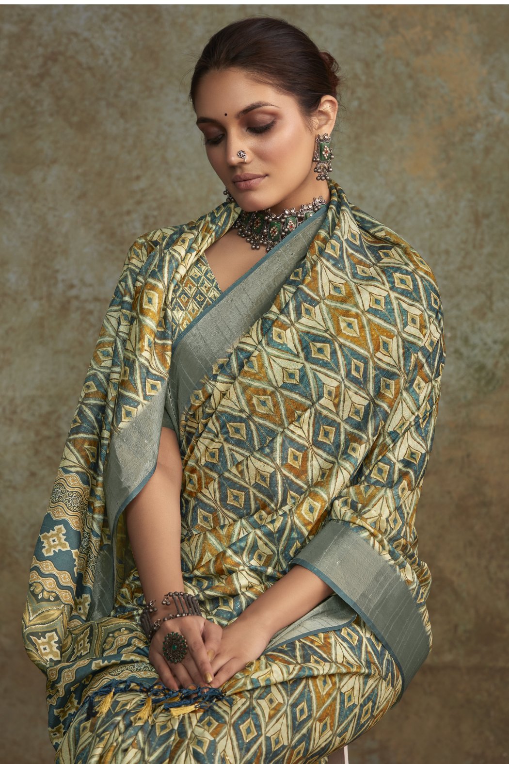 Buy MySilkLove Clay Creek Green Banarasi Digital Printed Saree Online