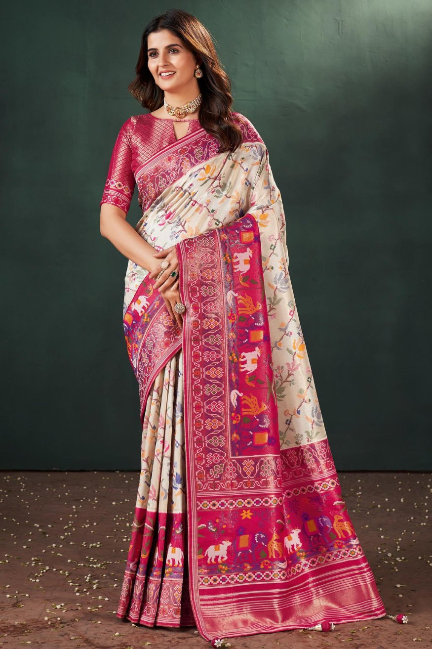 Buy MySilkLove Bone white and Pink Designer Banarasi Saree Online