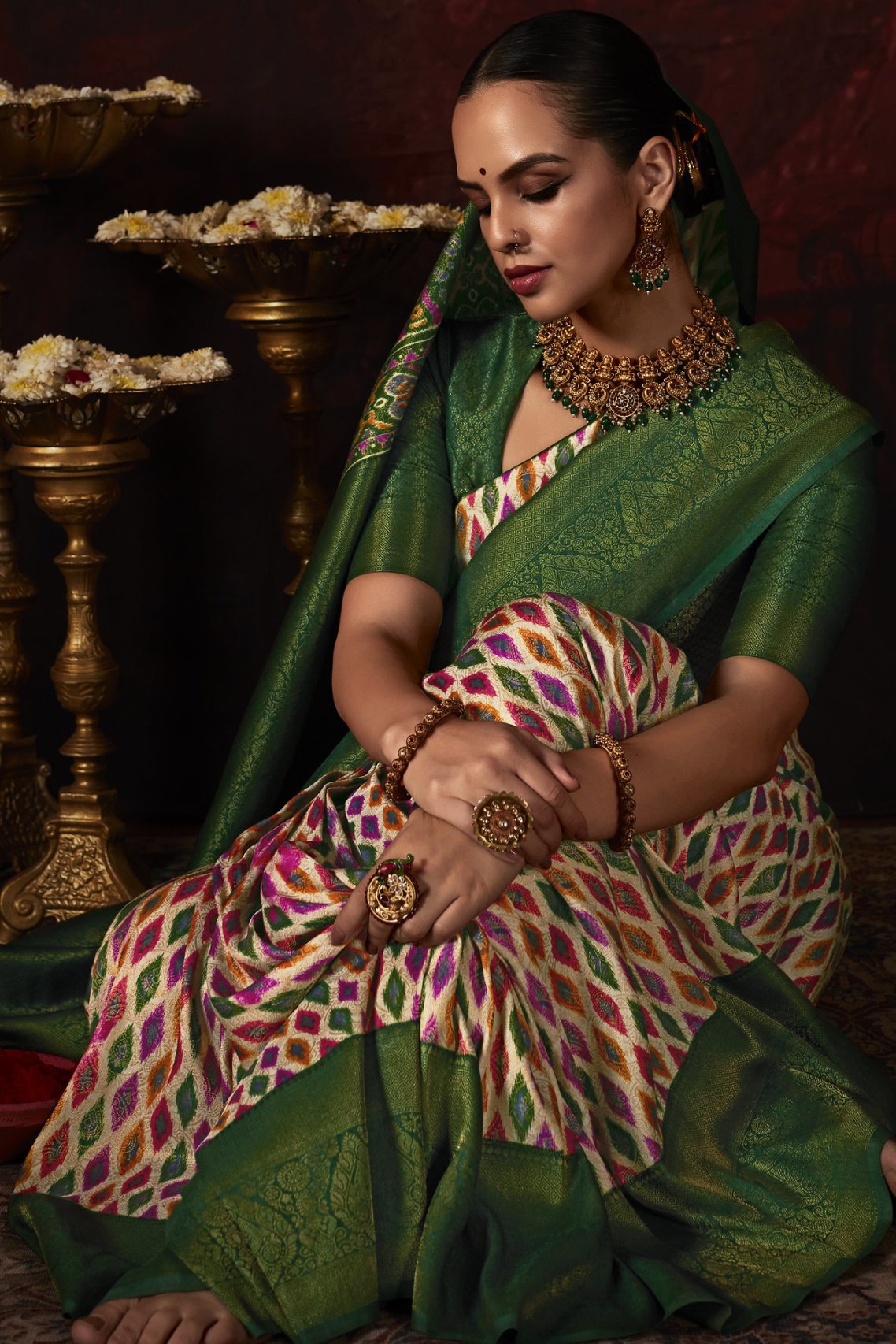 MySilkLove Pavlova Cream and Green Banarasi Digital Printed Saree