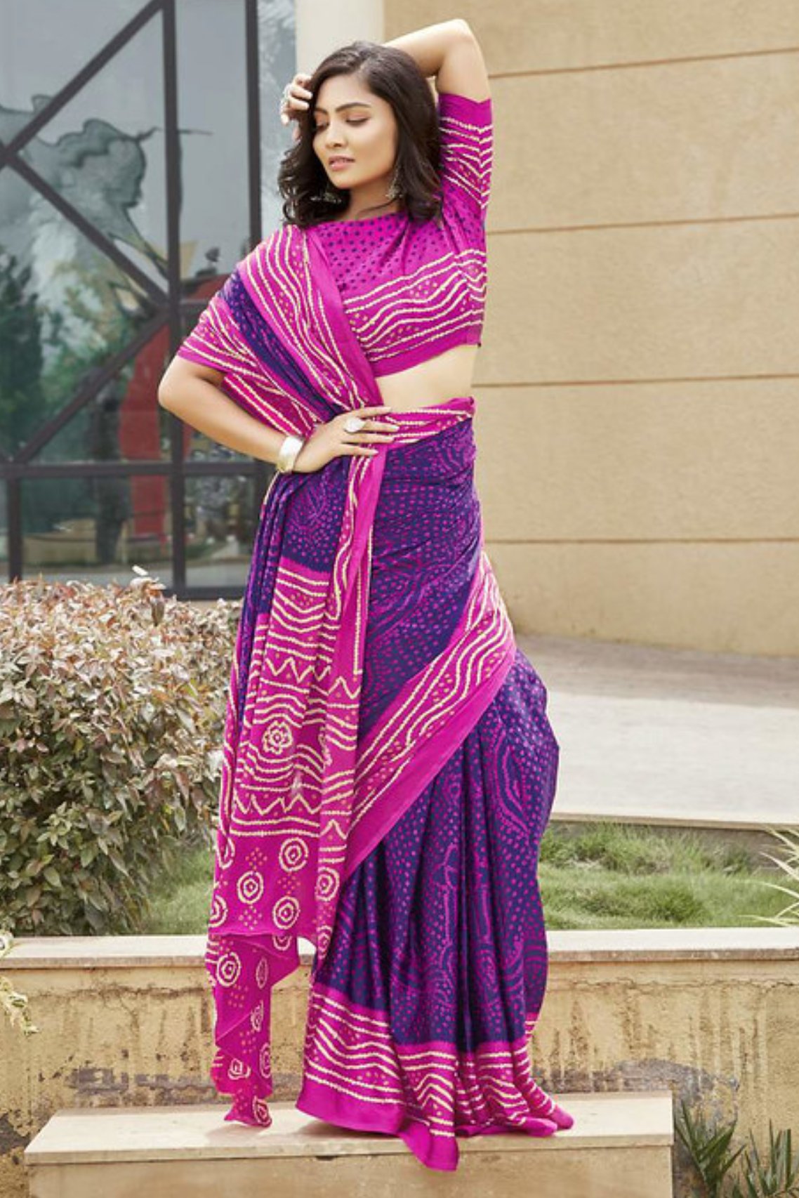 Buy MySilkLove Scarlet Gum Purple and Pink Gaji Bandhani Silk Saree Online