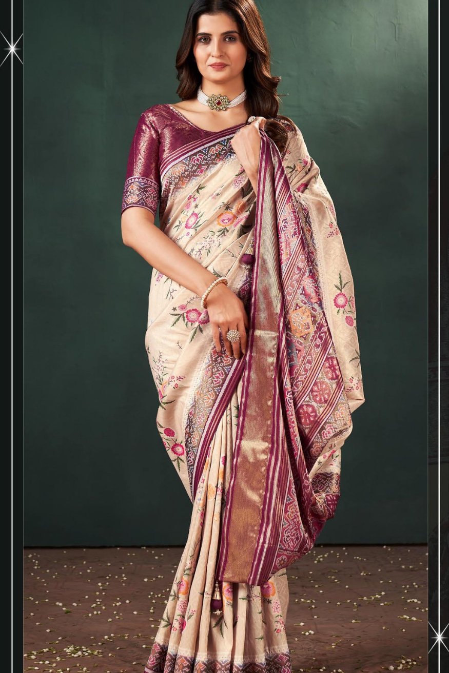 Buy MySilkLove Vanilla Cream and Purple Designer Banarasi Saree Online