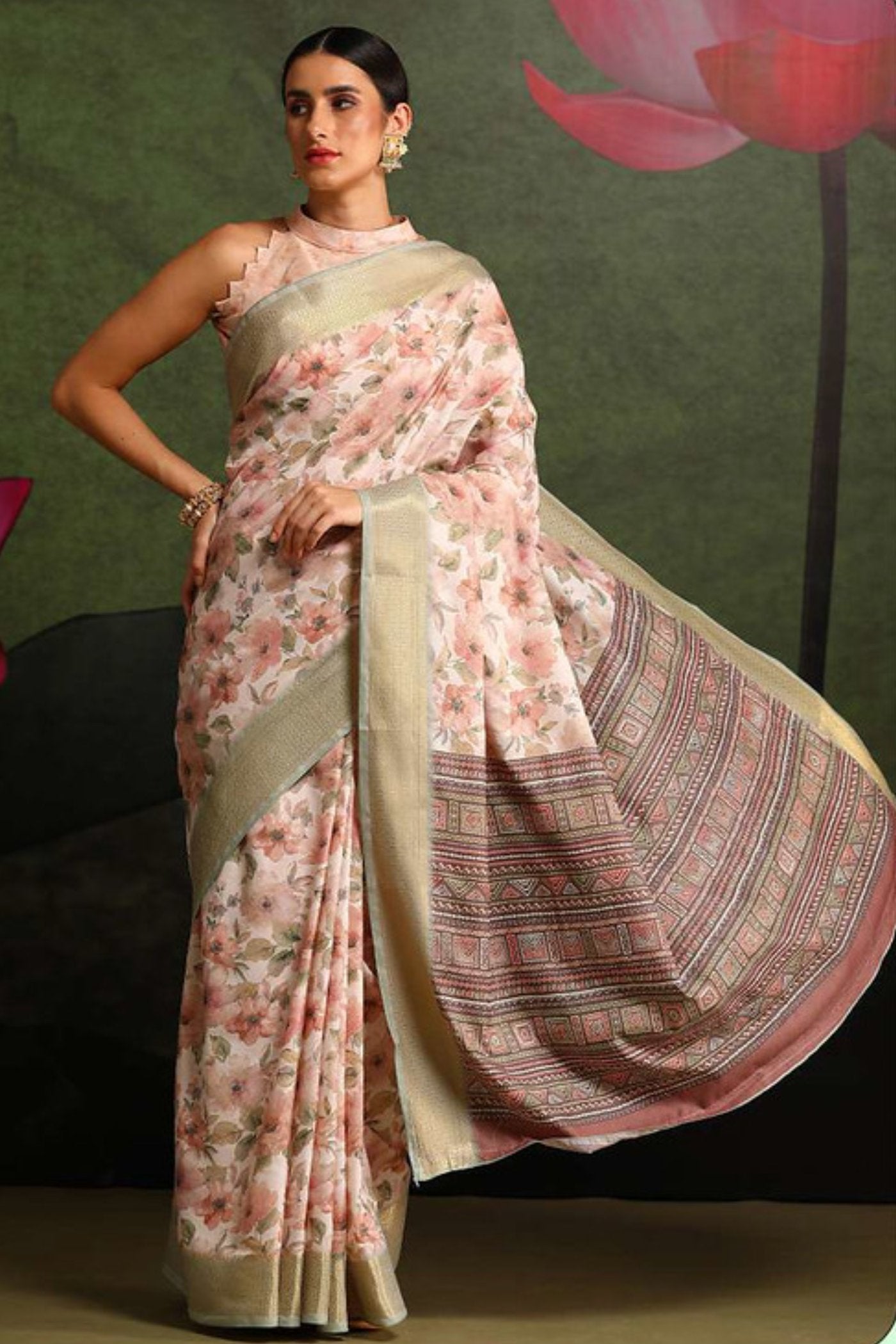 Buy MySilkLove Tacao Peach and Cream Floral Printed Saree Online