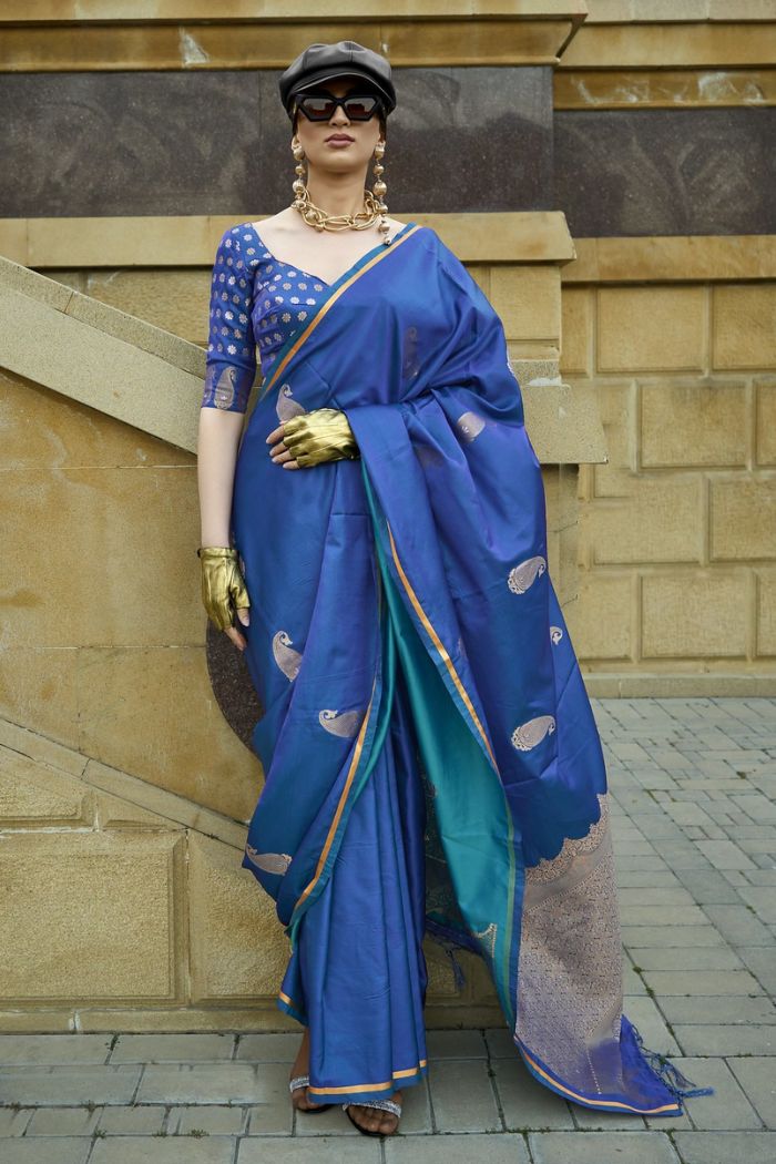 Buy MySilkLove Lapis Lazuli Blue Banarasi Satin Saree Online