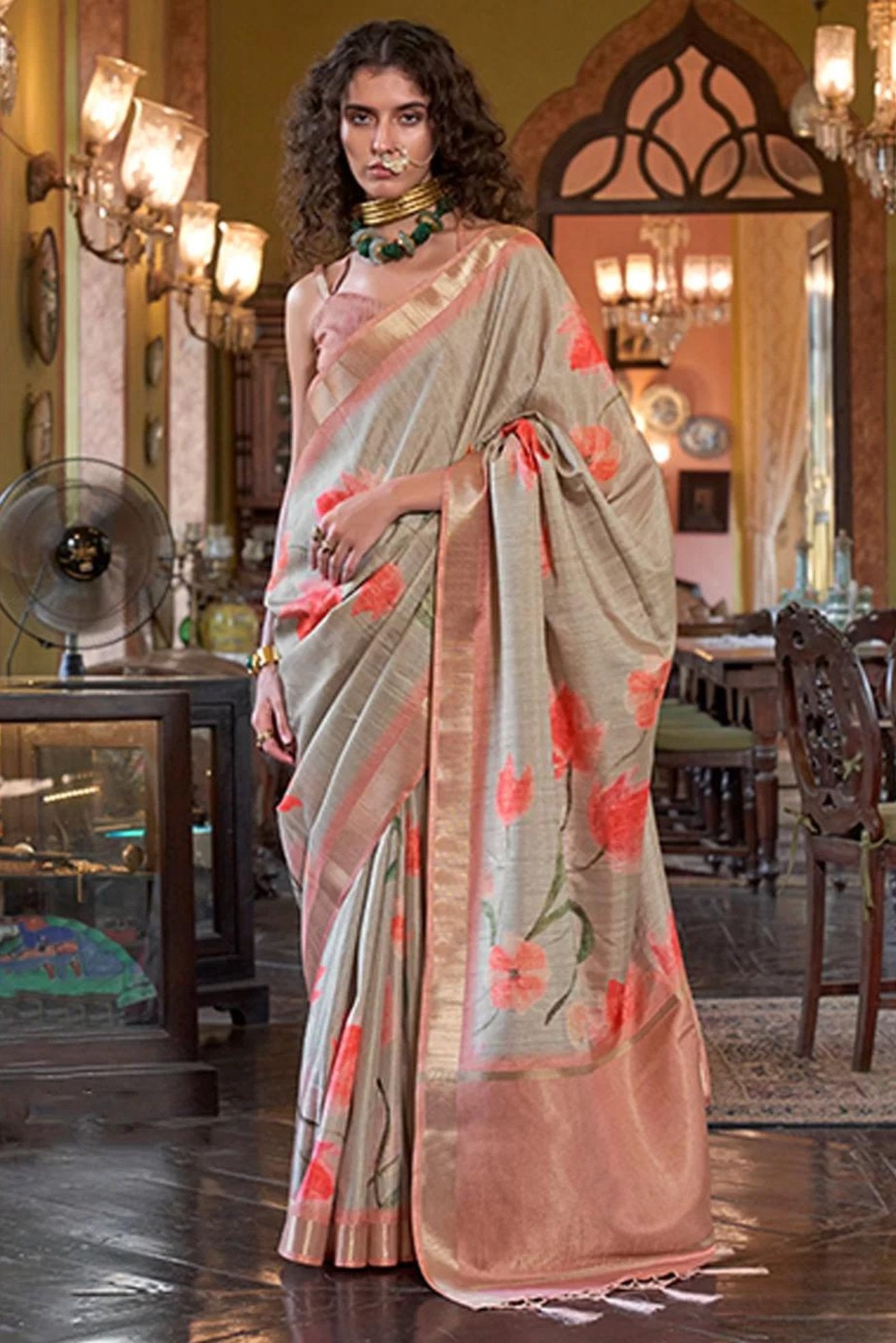 Buy MySilkLove Almond Frost Brown and Orange Banarasi Floral Printed Saree Online