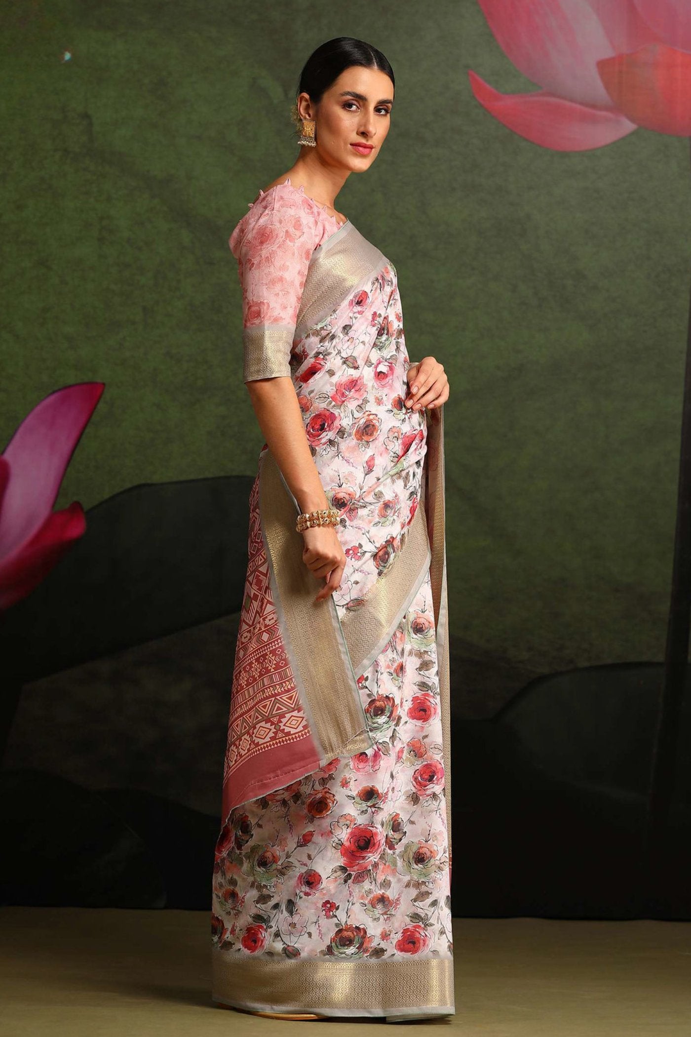 Buy MySilkLove Wafer Cream and Grey Floral Printed Saree Online