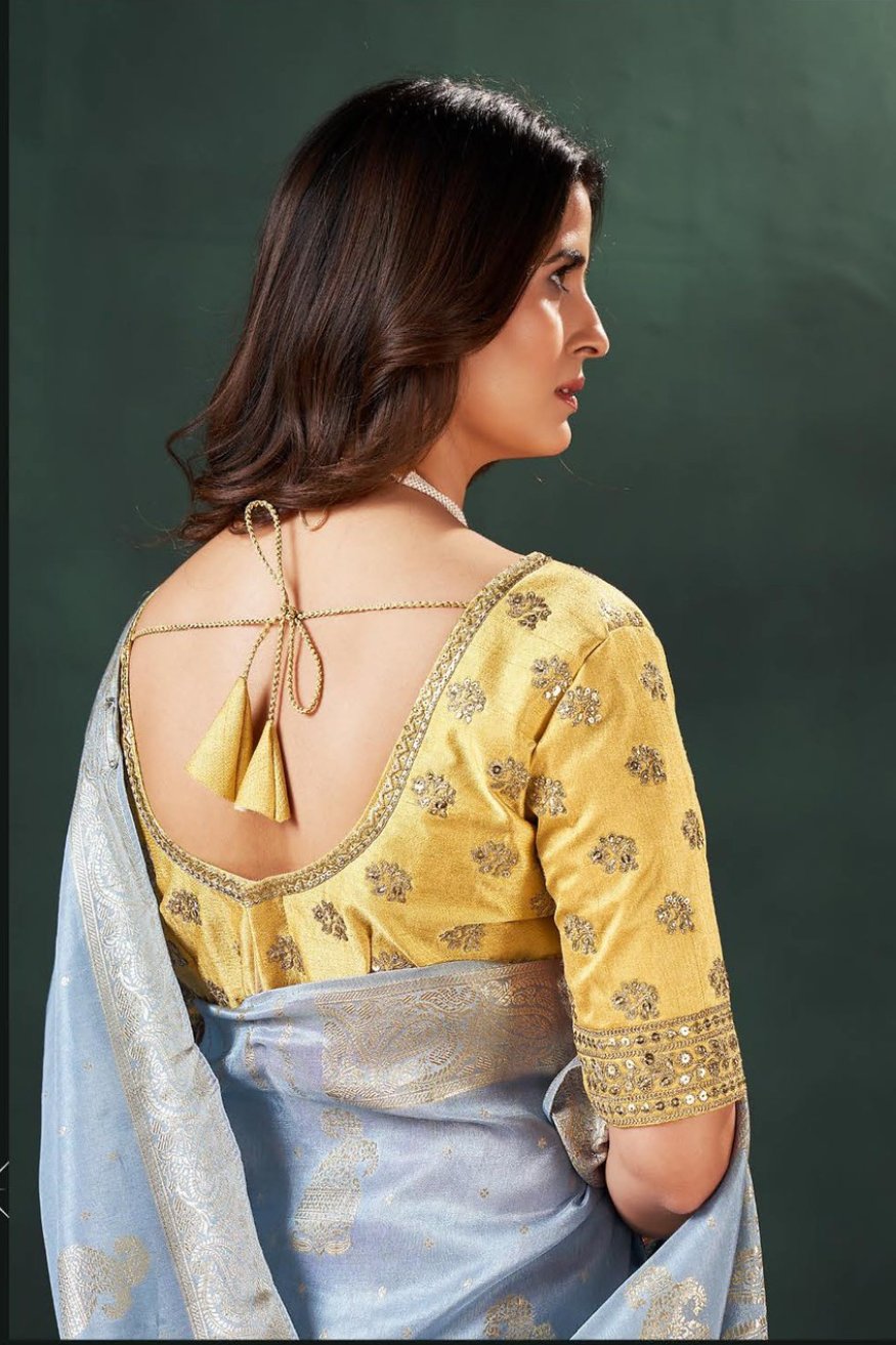 Buy MySilkLove Water Blue and Yellow Designer Banarasi Saree Online
