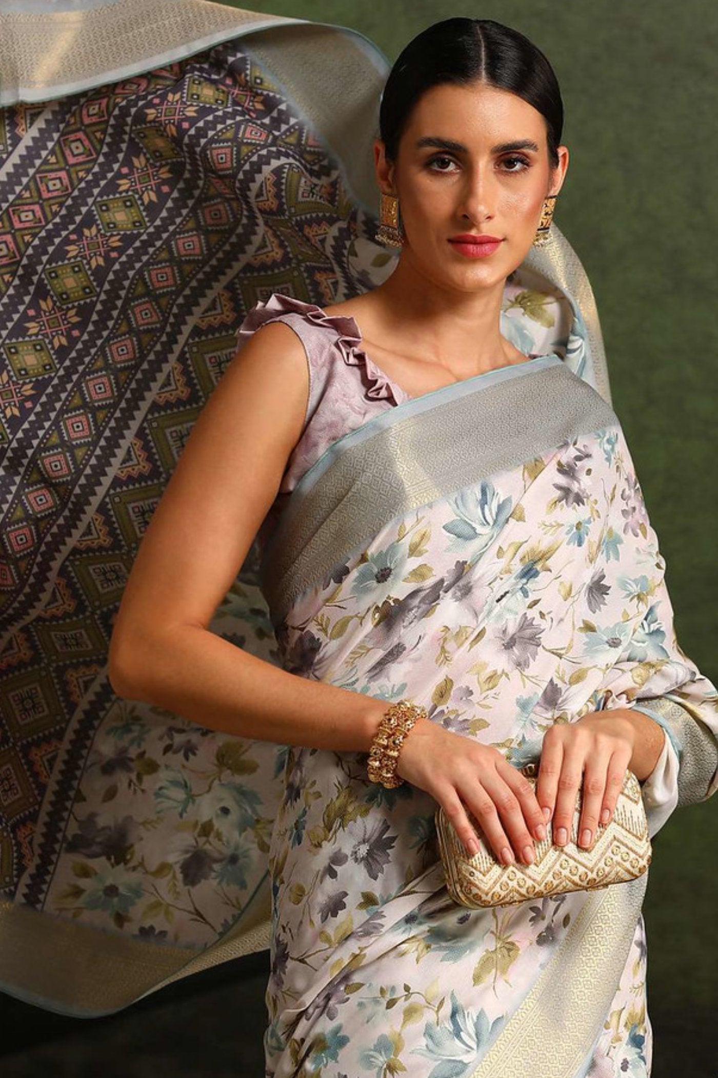 Buy MySilkLove Silver Sand Grey and Blue Floral Printed Saree Online