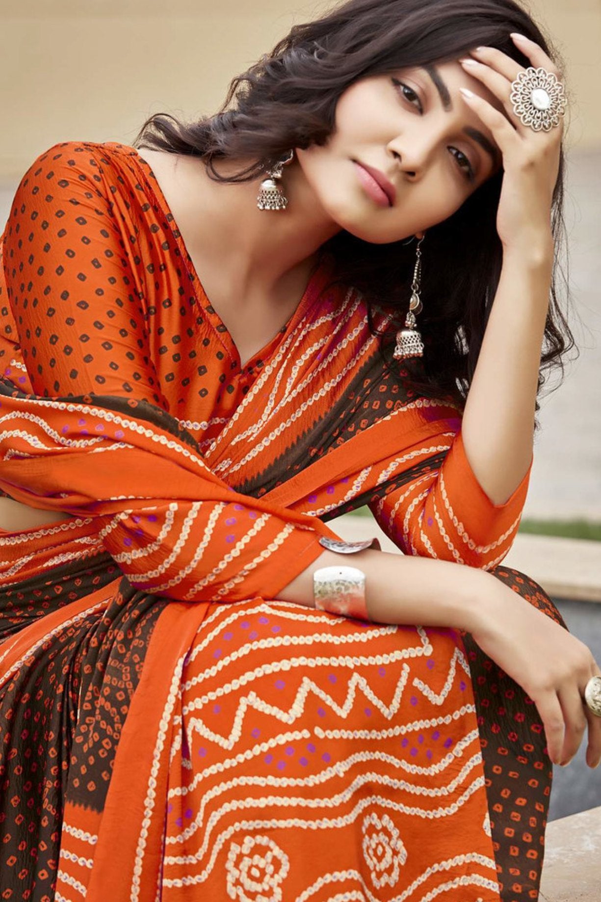 Buy MySilkLove Brown Derby Orange Gaji Bandhani Silk Saree Online