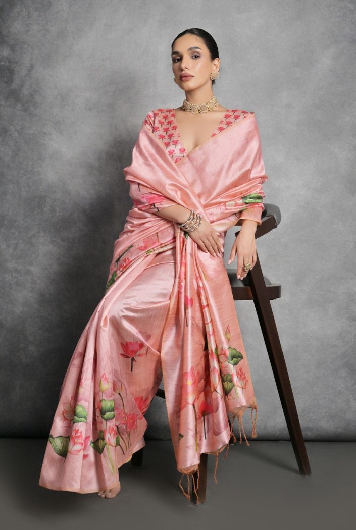 Buy MySilkLove Oriental Pink Floral Printed Tussar Silk Saree Online