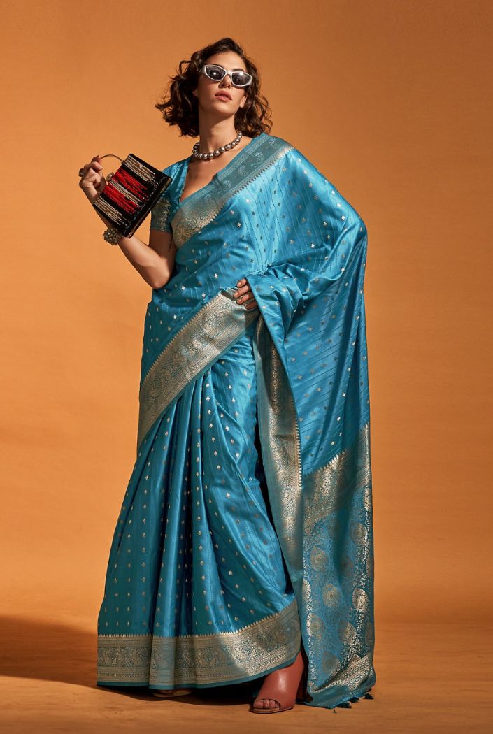 Buy MySilkLove Steel Blue Handloom Satin Silk Saree Online