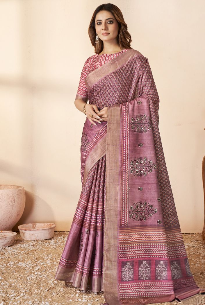 Buy MySilkLove Turkish Rose Purple Printed Banarasi Saree Online