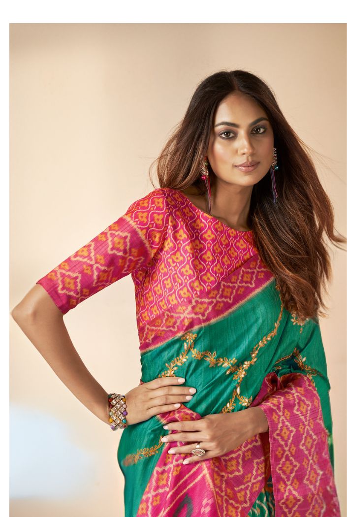 Buy MySilkLove Aqua Deep Green and Pink Printed Banarasi Saree Online