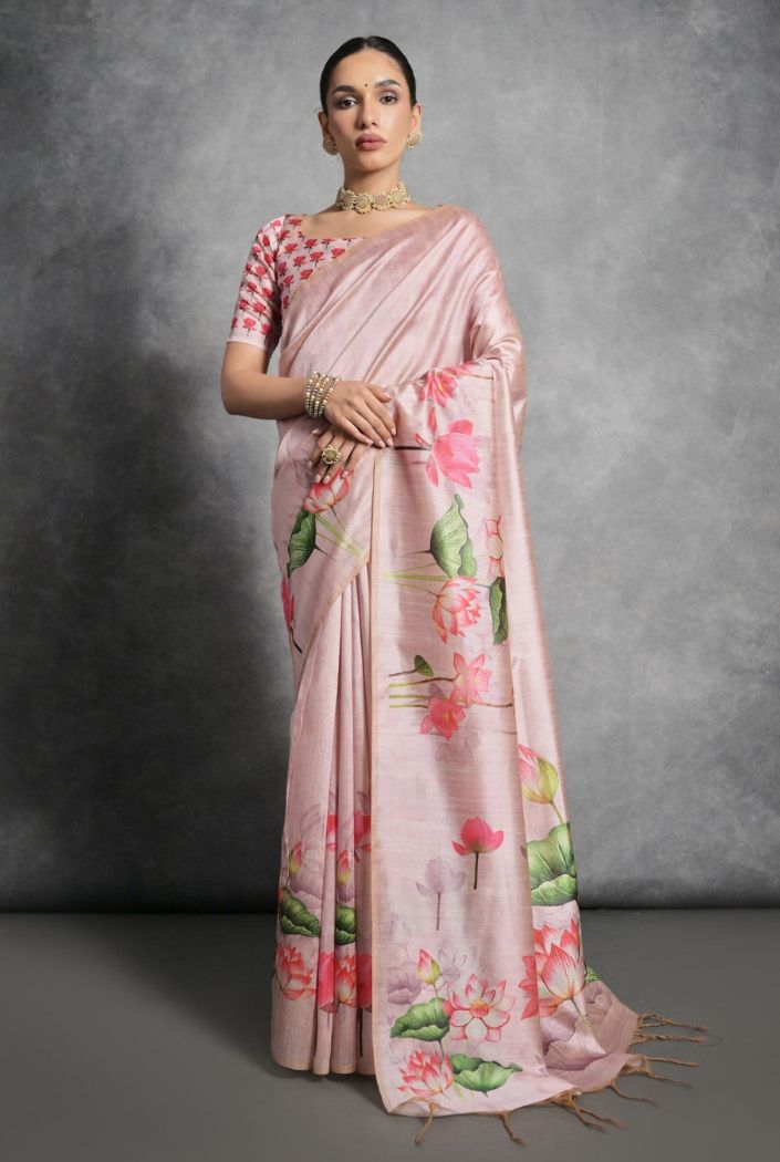 Buy MySilkLove Pink Sherbert Floral Printed Tussar Silk Saree Online