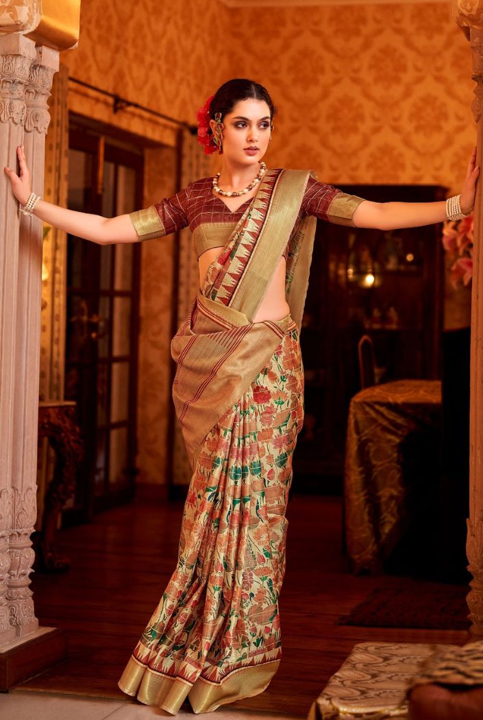 MySilkLove Chestnut Brown Manipuri Candy Temple Border Pichwai Saree