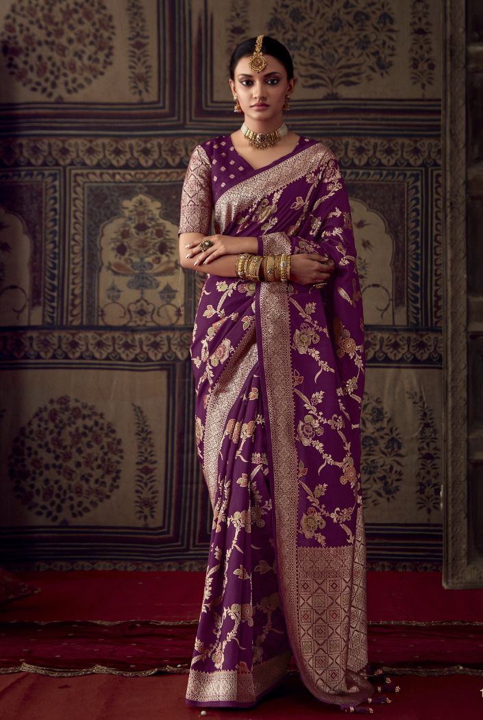 Buy MySilkLove Wine Berry Purple Designer Banarasi Silk Saree Online