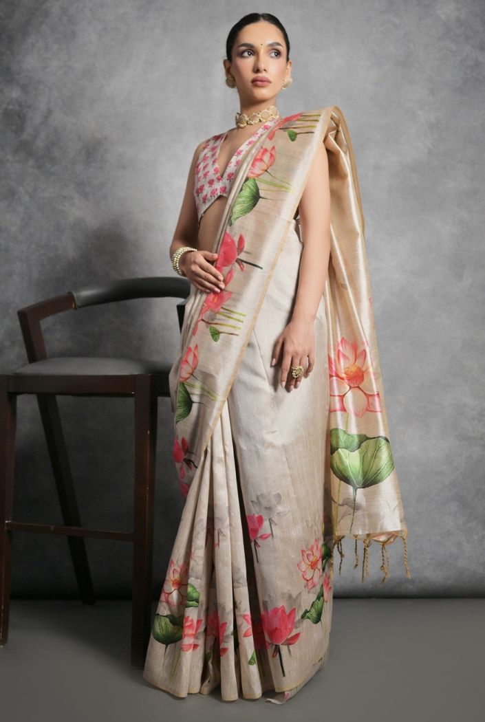 Buy MySilkLove Soft Amber Cream Floral Printed Tussar Silk Saree Online