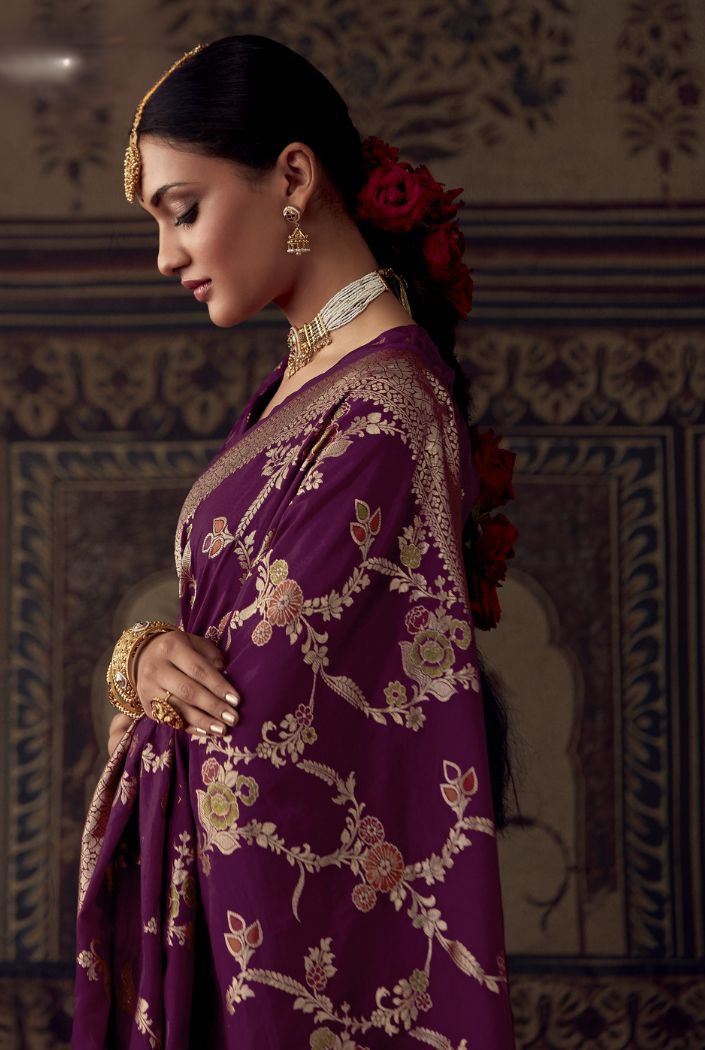 MySilkLove Wine Berry Purple Designer Banarasi Silk Saree