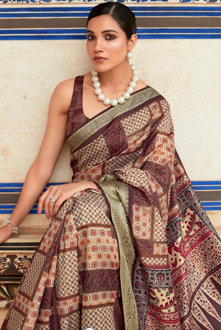 Buy MySilkLove Syrup Brown Banarasi Printed Silk Saree Online