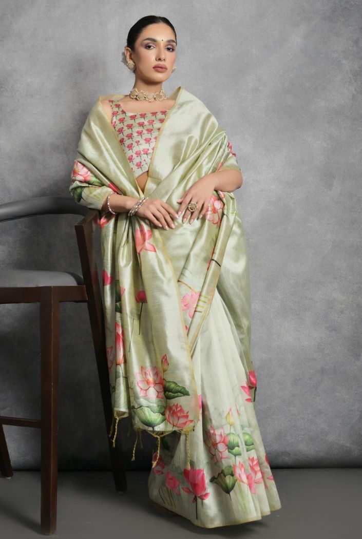 Buy MySilkLove Moon Mist Green Floral Printed Tussar Silk Saree Online