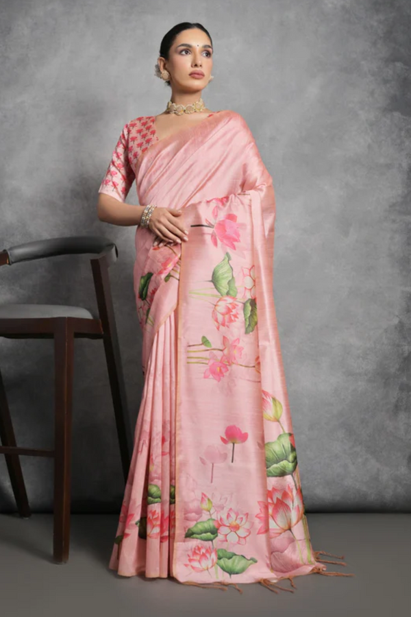 Oriental Pink Floral Printed Tussar Silk Saree