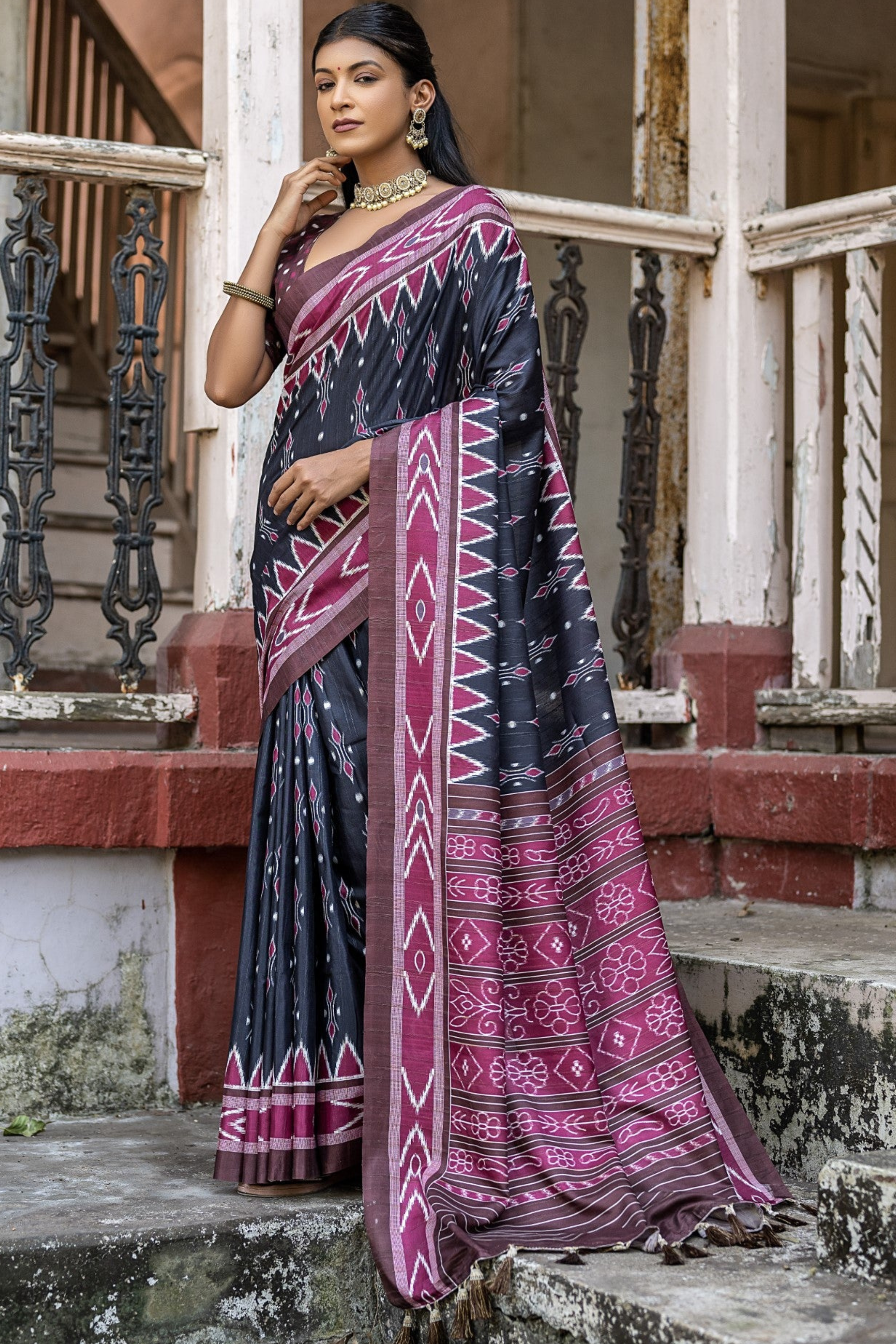 Buy MySilkLove Charade Black Ikkat Printed Cotton Silk Saree Online