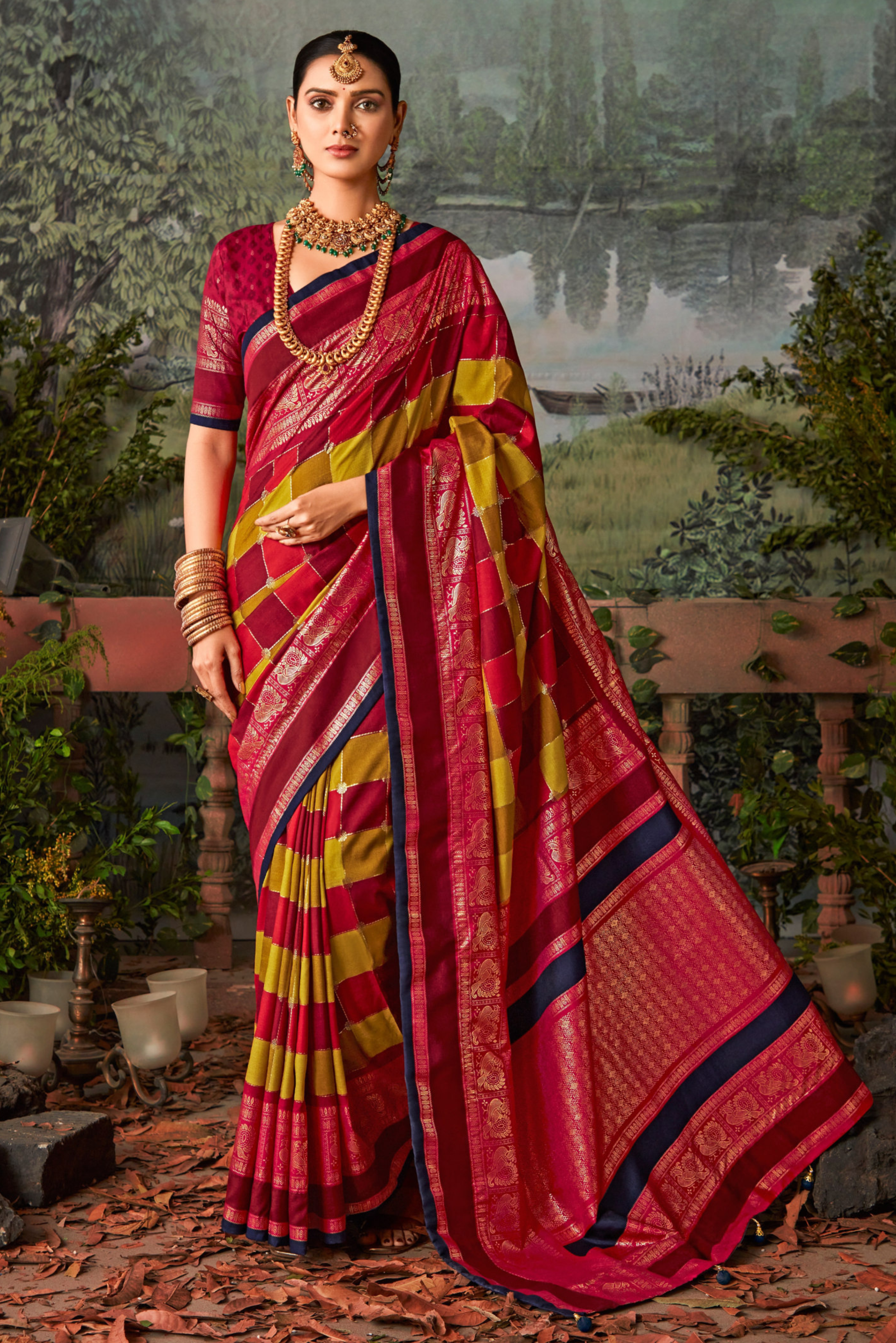 Buy MySilkLove Cherry Red and Yellow Printed Pochampally Ikkat Silk Saree Online