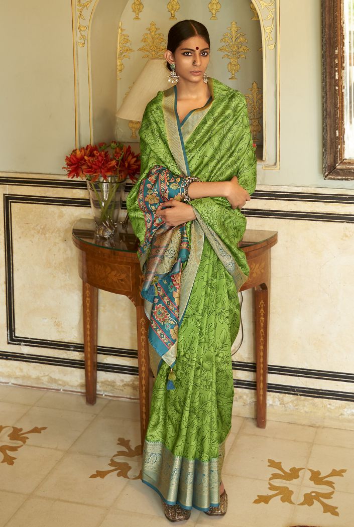 Buy MySilkLove Sycamore Green Printed Kalamakri Silk Saree Online