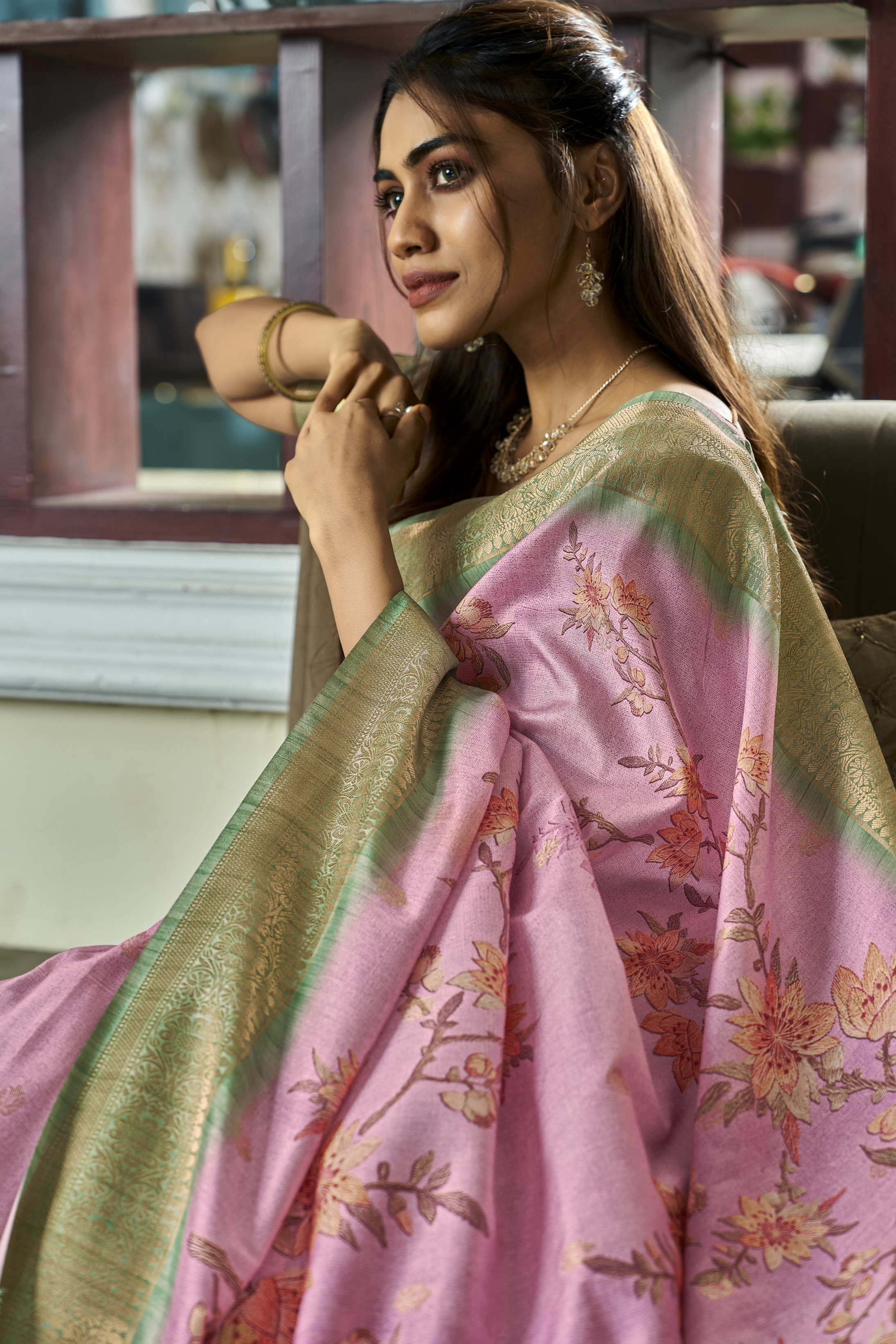 Buy MySilkLove Careys Pink Banarasi Digital Printed Soft Silk Saree Online