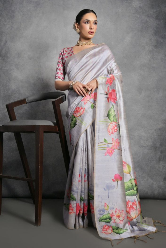 Buy MySilkLove Pale Slate Grey Floral Printed Tussar Silk Saree Online