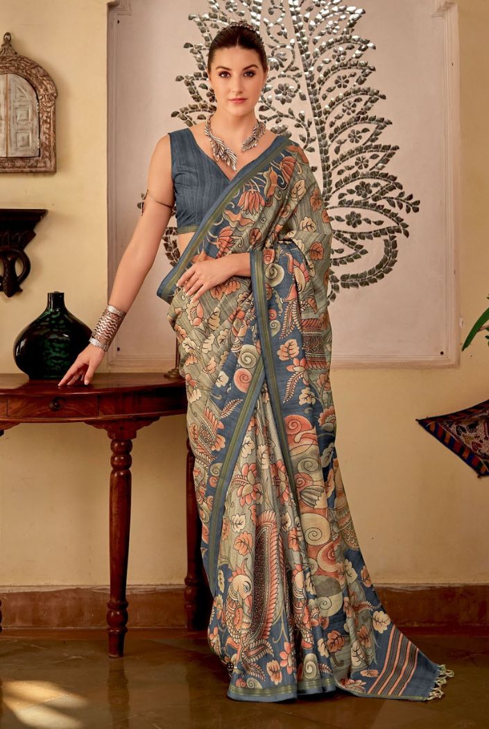 Buy MySilkLove Shadow Green Chitrapatta Kalamkari Saree Online