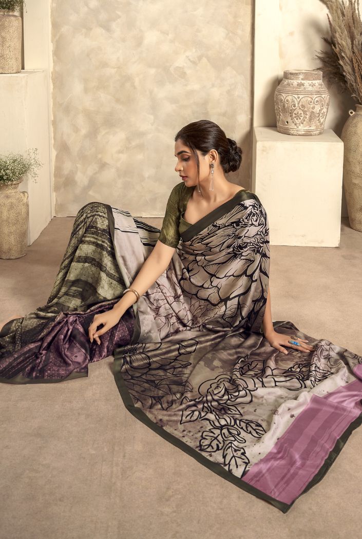 Buy MySilkLove Sardine Grey Printed Satin Silk Saree Online