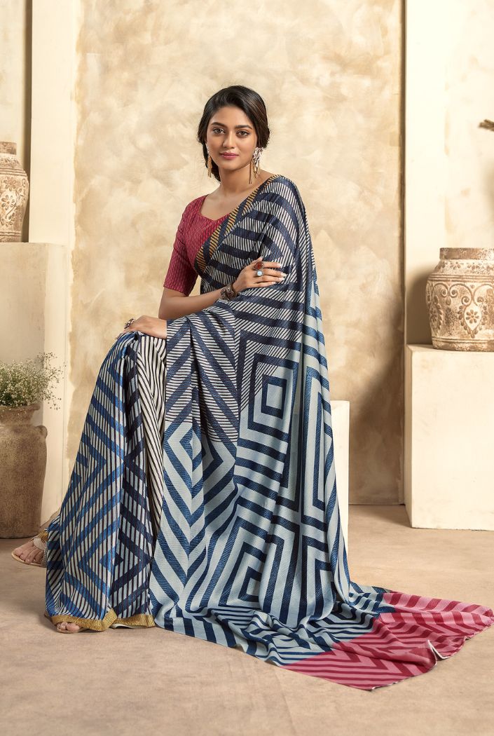 Buy MySilkLove Usafa Blue Printed Satin Silk Saree Online