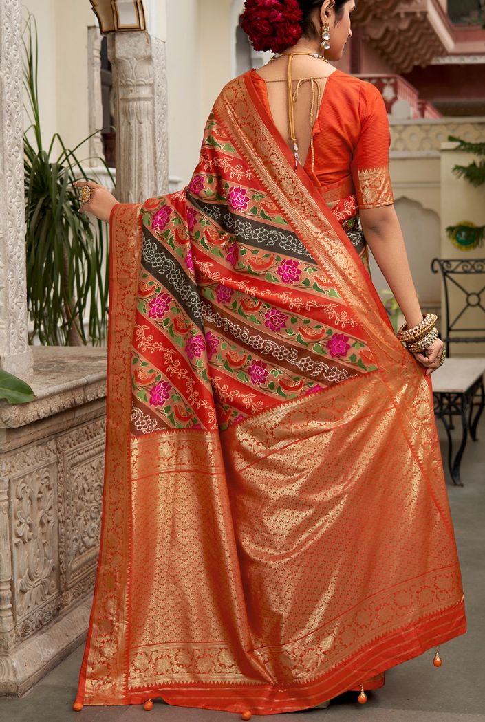 Buy MySilkLove Roof Terracotta Orange Banarasi Patola Silk Saree Online