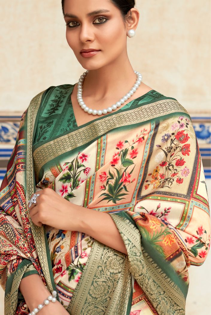 Buy MySilkLove Fawn Green and Cream Banarasi Printed Silk Saree Online