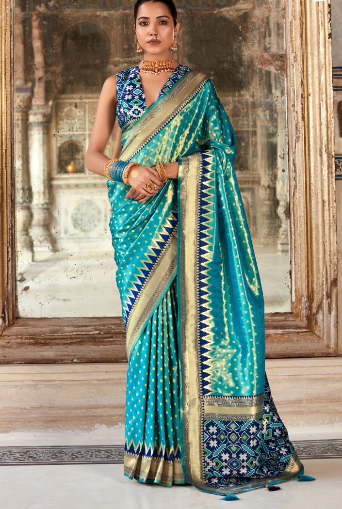 Buy MySilkLove Neon Blue Woven Zari Banarasi Patola Silk Saree Online