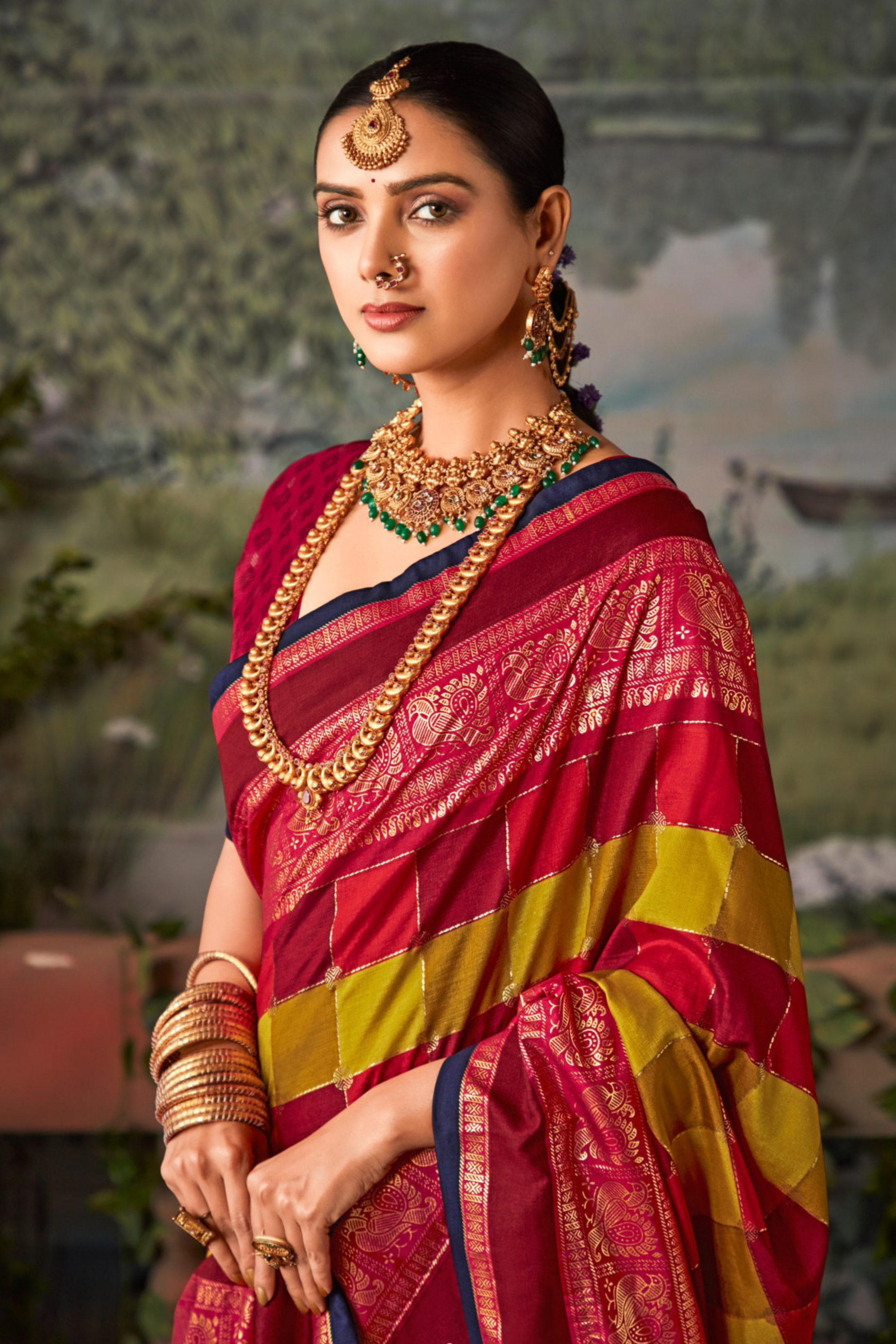 Buy MySilkLove Cherry Red and Yellow Printed Pochampally Ikkat Silk Saree Online