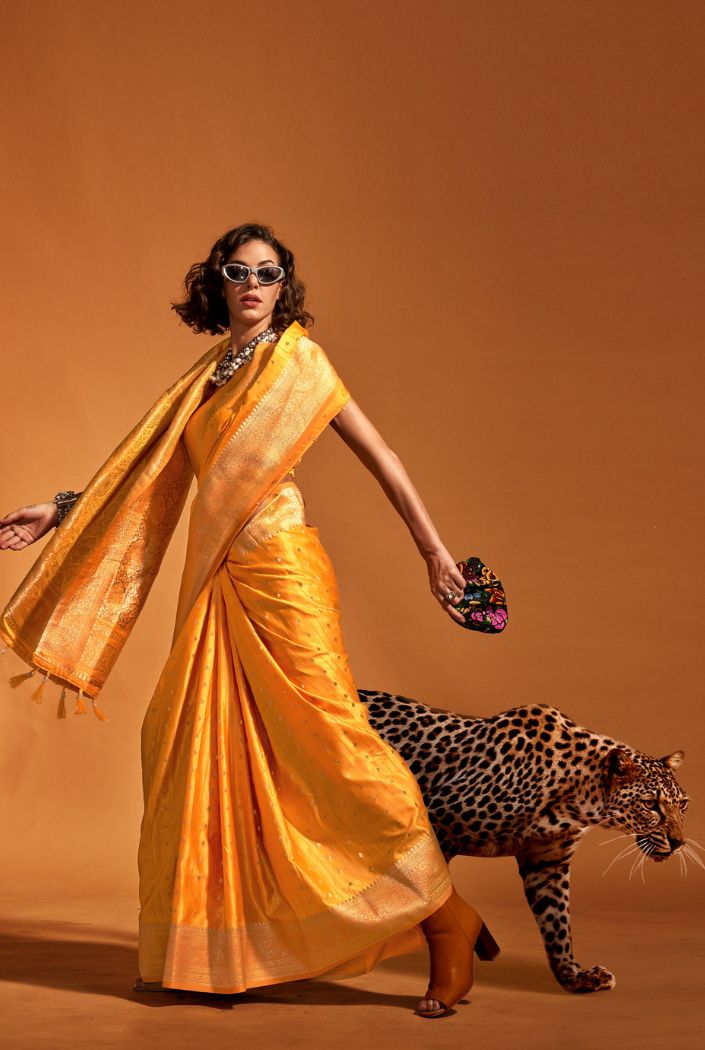 Buy MySilkLove Tulip Tree Yellow Handloom Satin Silk Saree Online