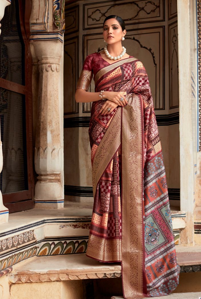 Buy MySilkLove Rosewood Mroon Banarasi Printed Silk Saree Online