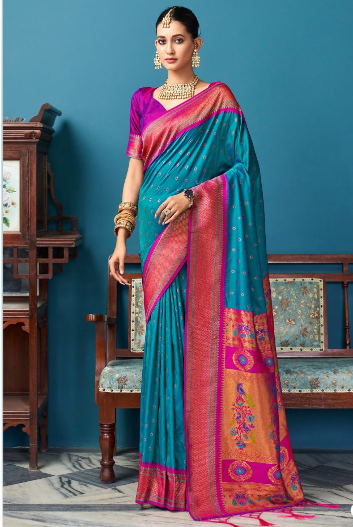 Buy MySilkLove Pearl Sea Blue Woven Paithani Silk Saree Online